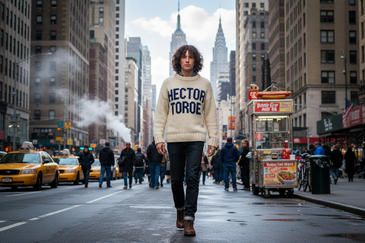 una persona con sueter que dice Hector Toroe caminando en nueva york